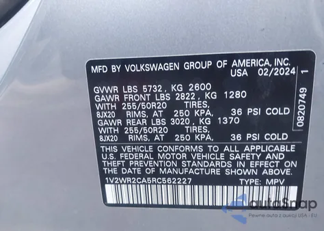 2024 Volkswagen Atlas 2.0T Se W/Technology z USA, uszkodzony, nr VIN 1V2WR2CA5RC562227